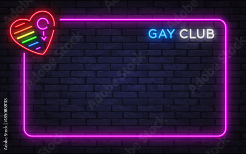 Colorful neon vector frame with gay club text and rainbow heart symbol. Ideal for pride events, club posters, and inclusive nightlife visuals.
