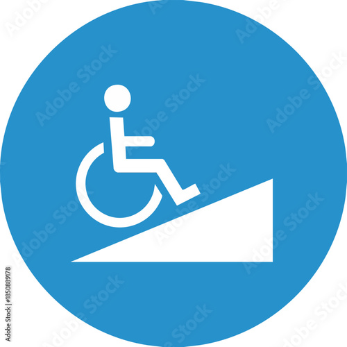 A blue and white icon depicting a person in a wheelchair on a ramp, symbolizing accessibility, against a clean white background with a simple and informative style.