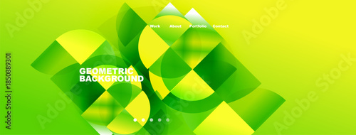 Bright green abstract design. Overlapping shapes create dynamic visual effect. Text elements present, minimal dots below.