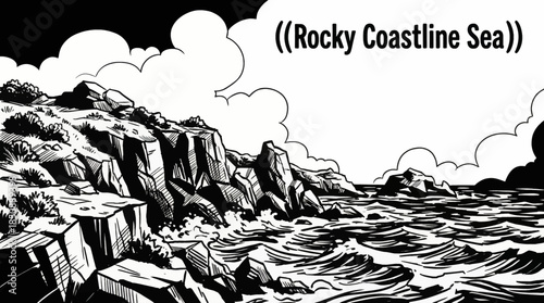 sketch of a rocky coastline meeting the sea, featuring textured stones, sharp cliffs, and rhythmic waves in a classic hand-drawn style