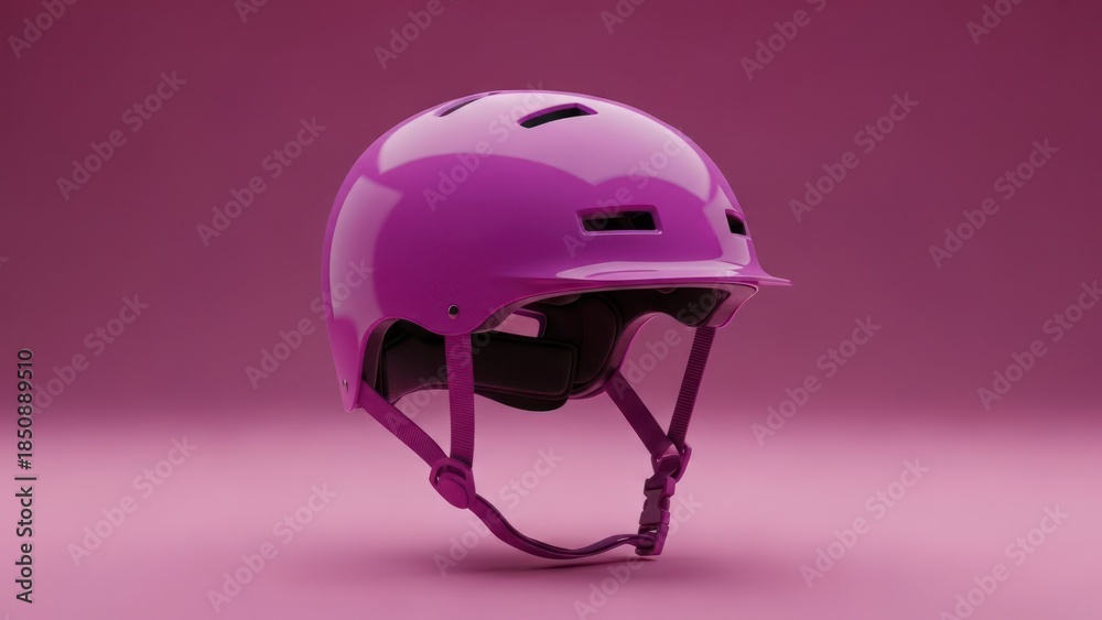 Fototapeta premium Shiny purple helmet with chin strap, on matching magenta background in studio shot