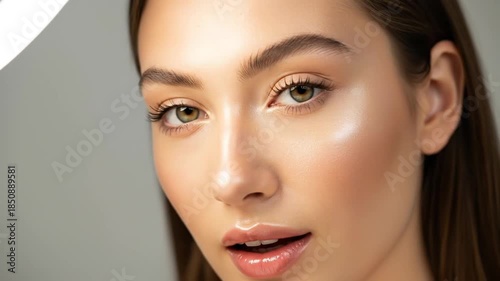 Elegant Woman's Beauty Close-Up with Glowing Skin and Gentle Expressions, Perfect for Beauty