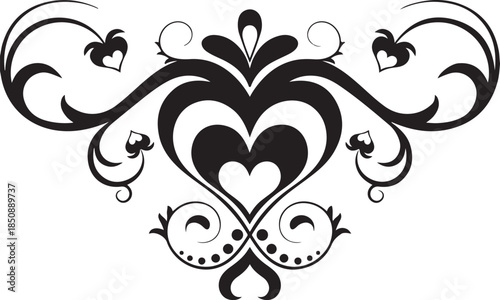 An abstract floral design element featuring a black silhouette vector ornament with vintage swirls, heart shapes, and ornate leaf curls for an elegant nature illustration pattern