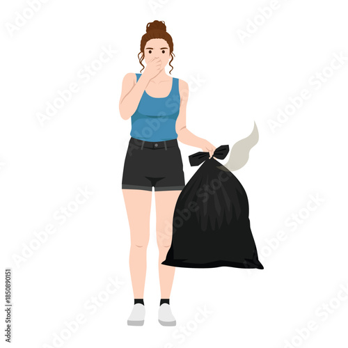 Woman Holding Smelly Trash Bag. Flat vector illustration isolated on white background