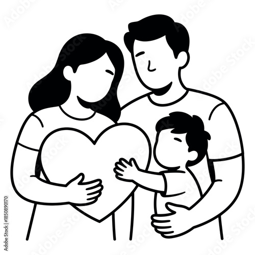 Family love and care concept, parents holding a child and a big heart, simple line art illustration of a happy family unit