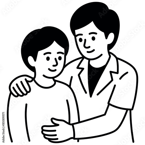 Doctor comforting a young patient with a reassuring hand on the shoulder and stomach, simple black and white line art illustration