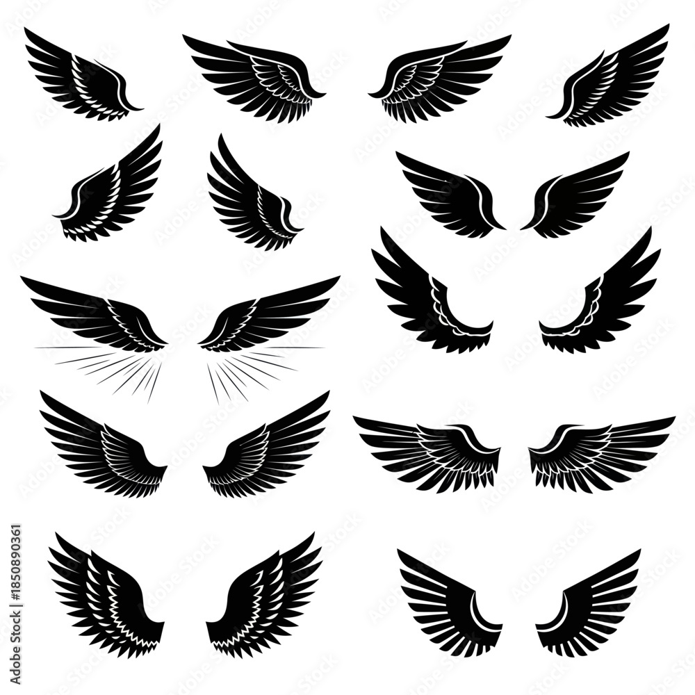 Fototapeta premium Collection of Black and White Wing Illustrations for Design.