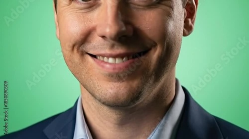 Professional businessman in a suit smiling confidently against a green studio backdrop footage