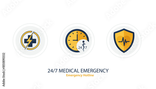 24/7 medical emergency icons for healthcare services.