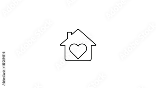 This minimalist vector icon features a simple house outline with a central heart symbol, representing themes of home, family, and domestic comfort. Rendered in clean black line art.