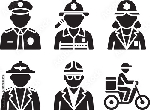 Set of different profession people silhouettes, black and white vector illustration of workers and occupations, isolated collection for business, career, and workforce concepts