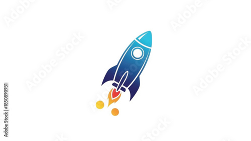 Dynamic blue gradient rocket ship launching into space with fiery exhaust flames and smoke. Professional vector icon representing business startup, rapid growth, innovation, and technological.