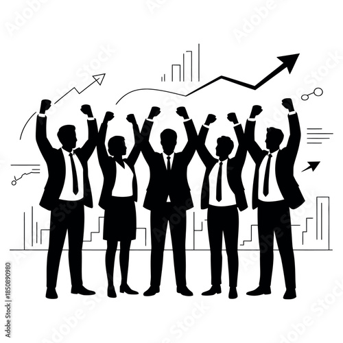 Silhouette of a successful business team celebrating with raised fists against a backdrop of rising stock charts and graphs, symbolizing achievement and growth