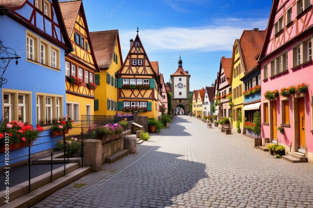 Obraz premium Traditional medieval half timbered houses lining a cobblestone street in rothenburg ob der tauber, bavaria, germany, creating a charming and picturesque scene