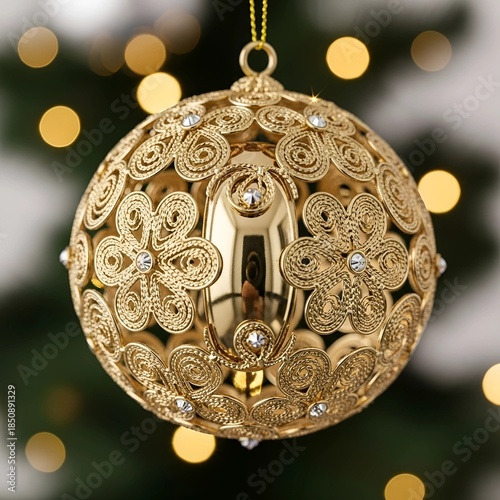 Wallpaper Mural Beautiful Gold Filigree Ball with Crystals Cute Christmas Ornament on Sparkling Bokeh Background Torontodigital.ca