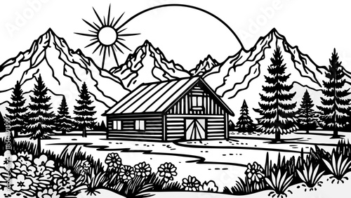 Very beautiful sunset scene in Grand Teton National Park, featuring wildflowers, a rustic cabin, and glowing mountain peaks that create a warm and peaceful western landscape.