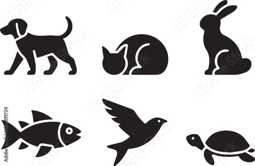 Set of animal silhouettes, black and white vector illustration of wild and domestic animals, isolated collection for wildlife, nature, and design concepts