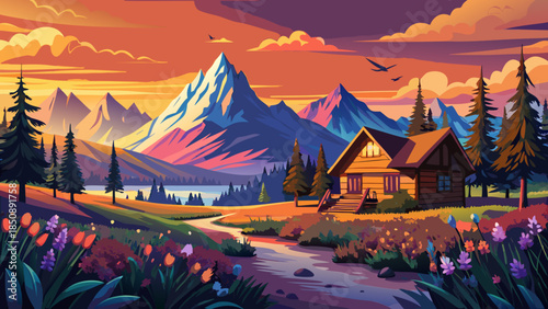 Very beautiful sunset scene in Grand Teton National Park, featuring wildflowers, a rustic cabin, and glowing mountain peaks that create a warm and peaceful western landscape.