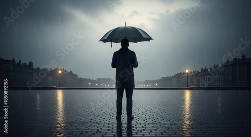 Solitary Figure Under Umbrella in Rainy Urban Landscape at Dusk