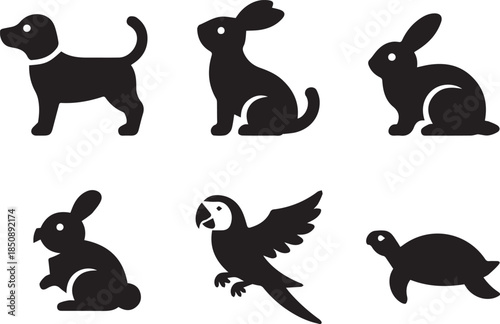 Set of animal silhouettes, black and white vector illustration of wild and domestic animals, isolated collection for wildlife, nature, and design concepts