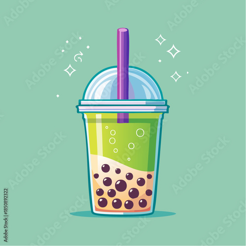 Cartoon illustration of a bubble tea drink with tapioca pearls, green liquid, and a purple straw.
