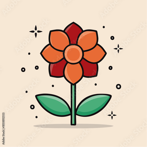 Illustration of a flower with orange petals and a red center on a green stem with two leaves.