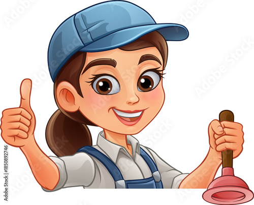 A woman female plumber holding a drain plunger tool builder construction cartoon character mascot.