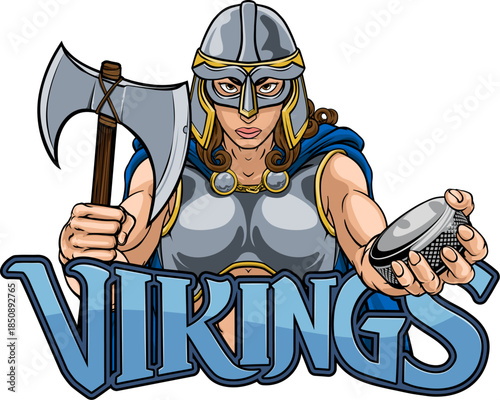 A female viking woman ice hockey sports team cartoon mascot