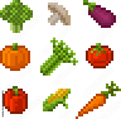 A set of vegetable icons or emoticons in a video game sprite pixel art style.