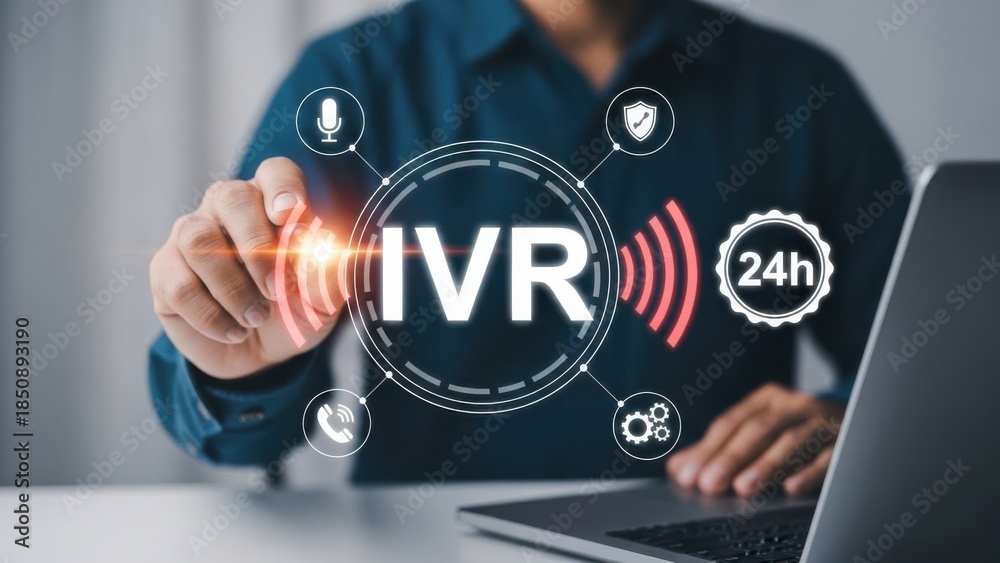 Fototapeta premium Interactive Voice Support: Professional Using Laptop with IVR Interface for Automated Customer Service