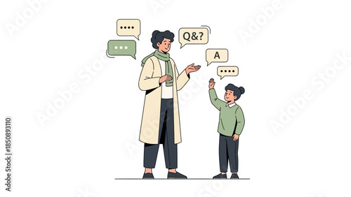 illustration of a woman and a boy engaged in a conversation with speech bubbles