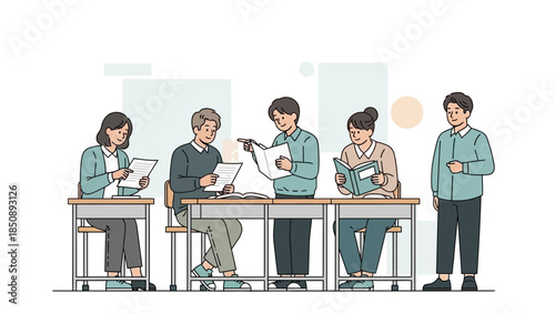 group of five diverse colleagues engaged in a collaborative discussion over documents at a modern