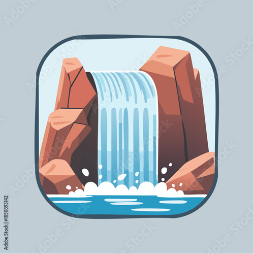 Cartoon illustration of a waterfall cascading between two large rocks into a pool of water.