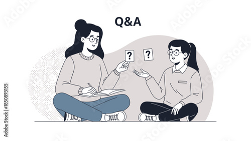 illustration of two women engaging in a Q&A session with questions and answers