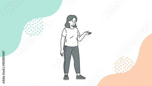 Illustration of a young woman using a smartphone with abstract colorful background elements