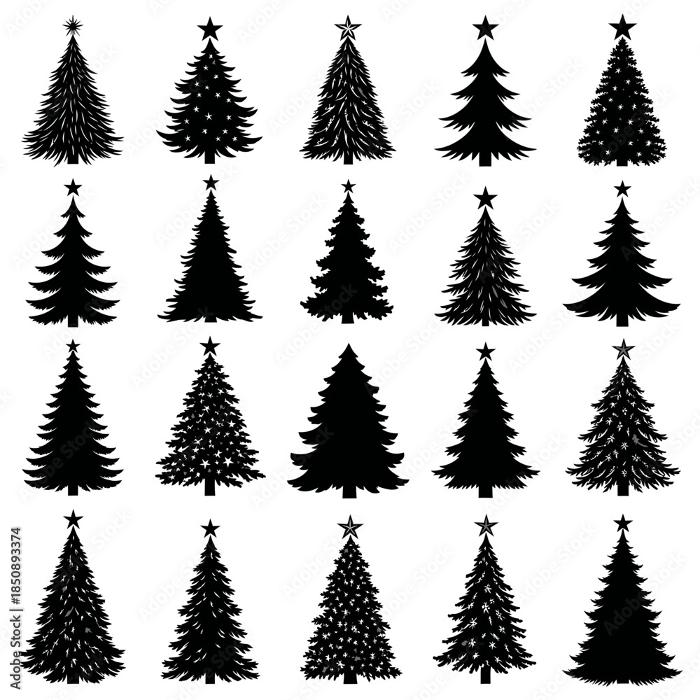 Obraz premium Collection of Christmas Tree Silhouettes with Star Toppers.