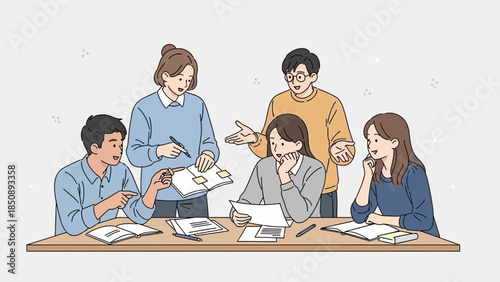 team collaboration and discussion in a modern office environment with five diverse colleagues