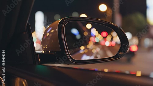 Close-up of a car's side mirror reflecting blurred city lights at night. Focus on mirror details