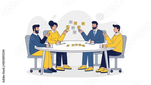 team collaborating and discussing project ideas around a conference table in a modern office setting