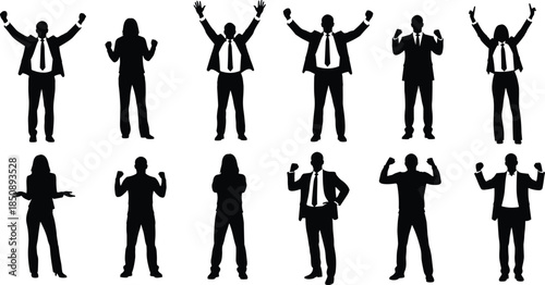 Business people silhouette set showing success victory power poses isolated on white background corporate achievement concept illustration
