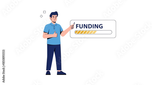Illustration of a young man giving a thumbs up next to a funding progress bar representing
