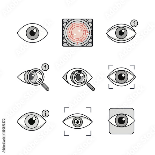 Collection of Eye Icons Representing Vision and Surveillance Concepts.
