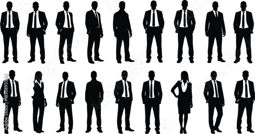 Business professionals silhouettes set featuring men and women standing in formal suits isolated vector illustration on white.