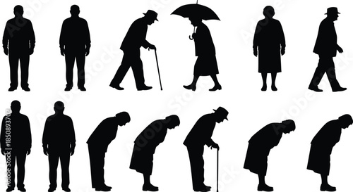 Elderly people silhouettes set featuring seniors walking with canes, standing, bowing, and holding umbrella, isolated vector illustration art.