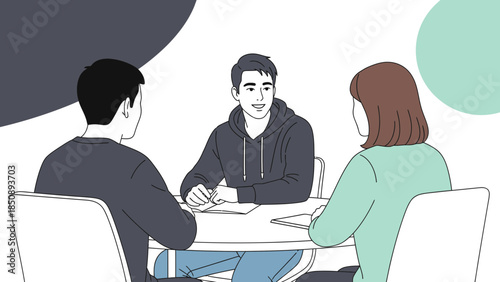 Young man having an interview with two interviewers in a professional setting