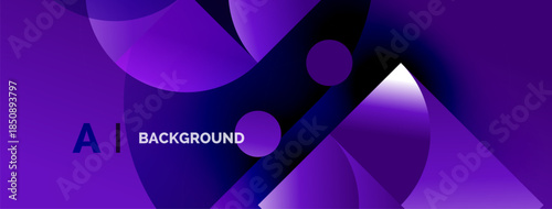 Abstract purple background features flowing shapes, gradients, text elements. Modern design suggests technology, innovation, creativity.