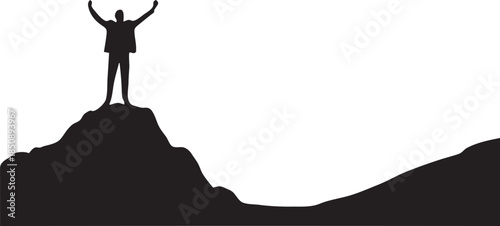a business man standing on mountain top victory sign 