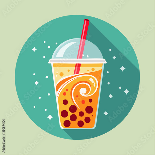 Illustration of a bubble tea drink with tapioca pearls and a red straw.