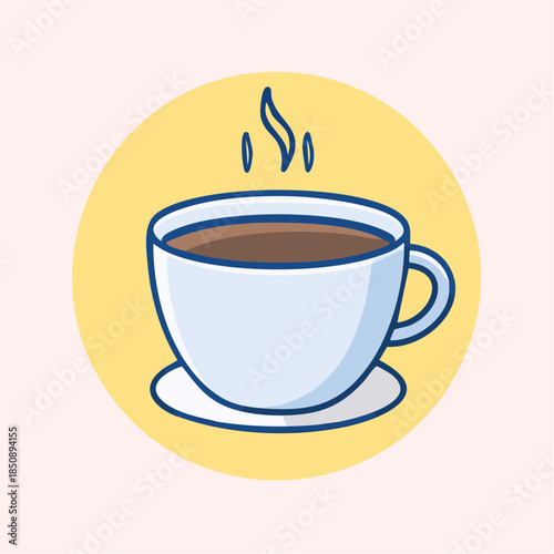 Illustration of a steaming cup of coffee on a saucer against a yellow circle.