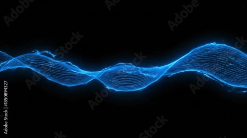 Glowing blue wavy lines on black. Abstract digital illustration of light and motion